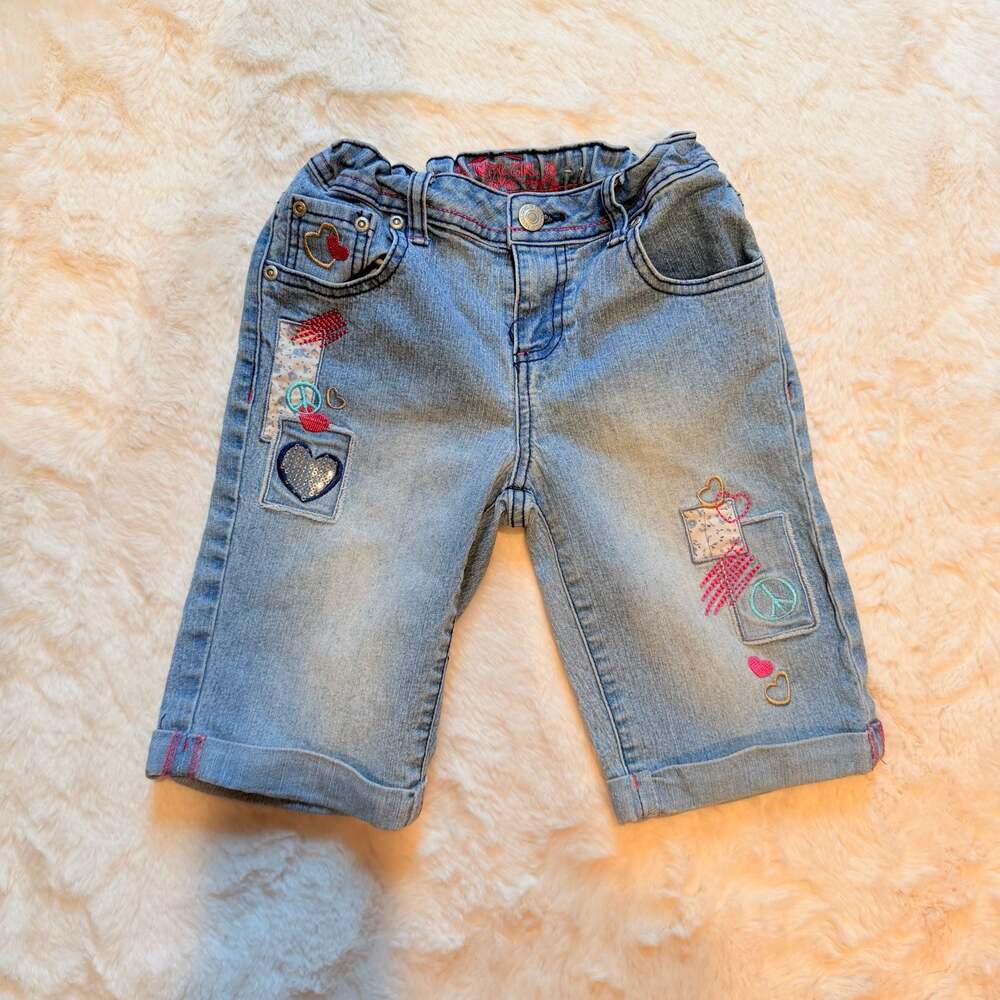 Total Girl Girls Denim Bermuda Shorts Heart and Peace Sign Embroidery